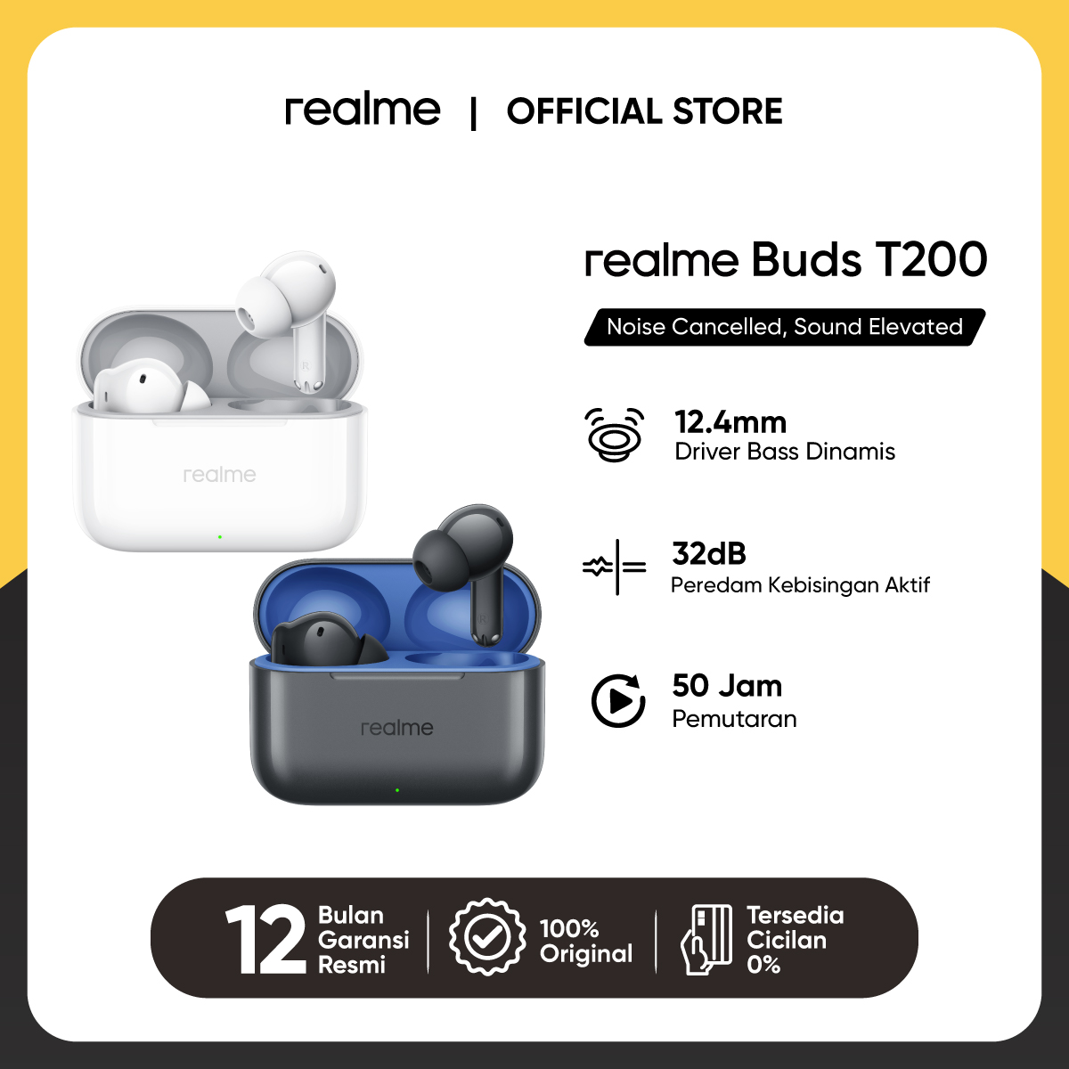 realme T200 (Bass Driver Dinamis 12.4mm | Peredam kebisingan 32dB | Pemutaran hingga 50 jam)