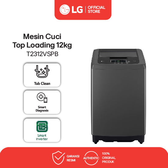 LG Mesin Cuci Top Loading 12kg - Smart Inverter - Turbo Drum - Black - Model T2312VSPB
