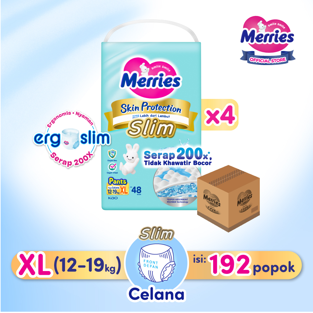 Merries Skin Protection Slim Pants Popok Bayi Diapers Ergoslim XL (12-19kg) Serap 200x Tidak Khawati