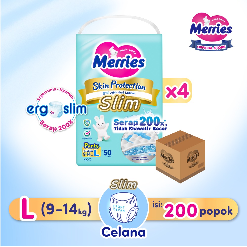 Merries Skin Protection Slim Pants Popok Bayi Diapers Ergoslim L (9-14kg) Serap 200x Tidak Khawatir 