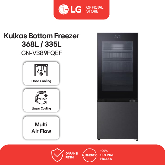 LG Kulkas Bottom Freezer 368L / 335L - Door Cooling - Linear Cooling - Fresh Zone - Black - Model GN