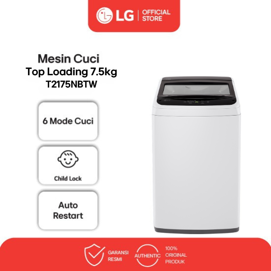 LG Mesin Cuci Top Loading 7.5kg - 6 Mode Cuci - Child Lock - Auto Restart - White - Model T2175NBTW