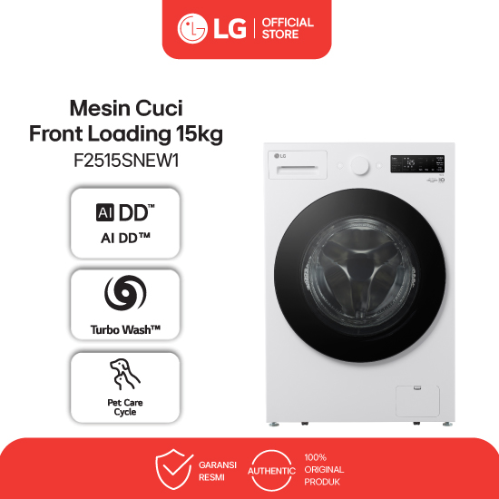 LG Mesin Cuci Front Load 15kg - AI DD - Turbo Wash - Pet Care Cycle - White - Model F2515SNEW1