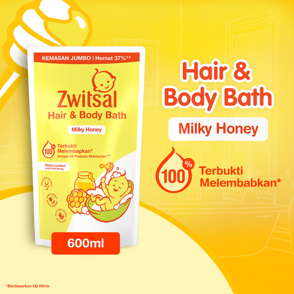 Zwitsal Baby Bath Hair & Body Milky Honey 600 mL - Sabun Bayi
