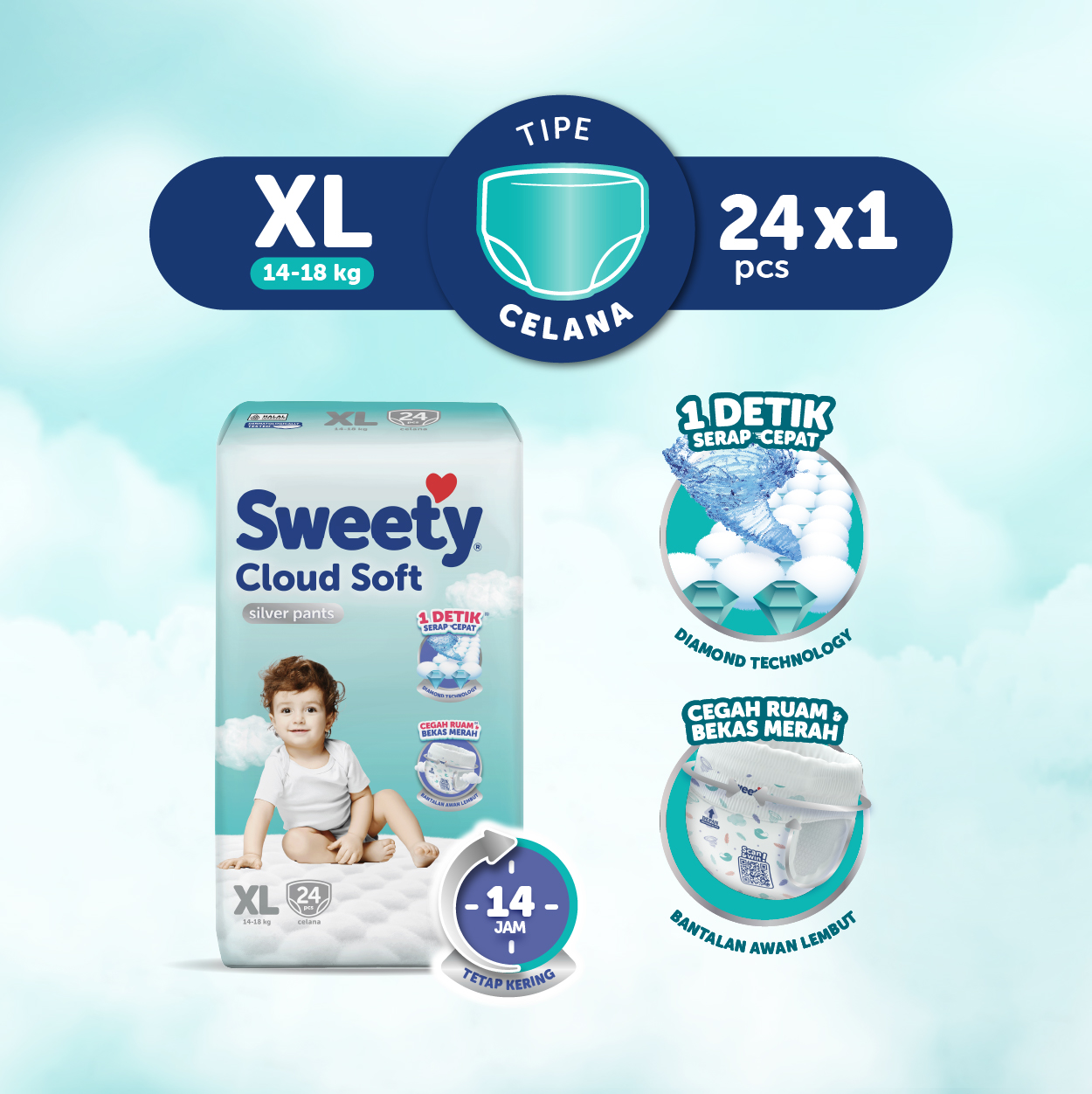 Sweety Silver Pants Cloud Soft XL 24s Popok Celana Baby Diapers