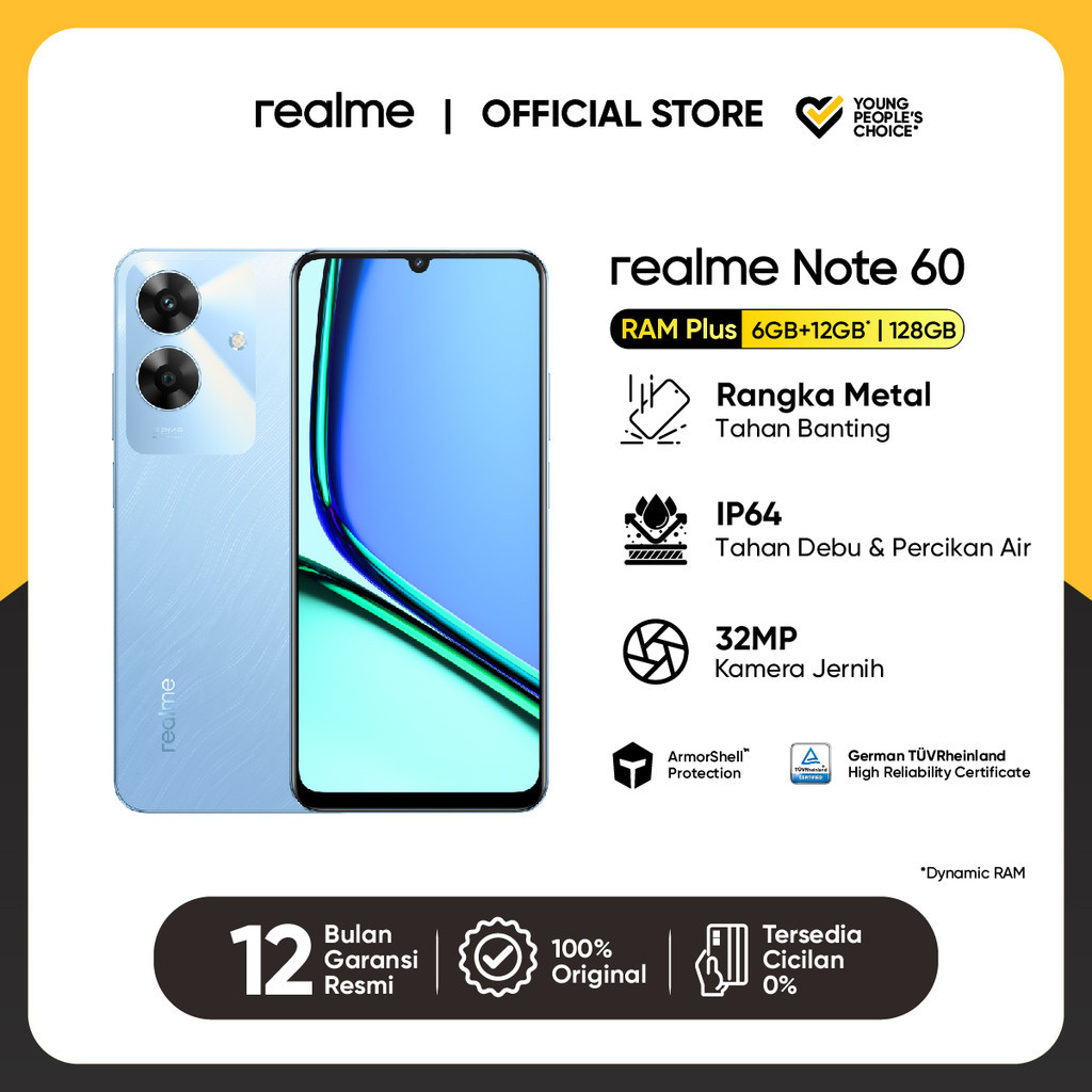 realme Note 60 6GB+12GB*|128GB (ArmorShell™ Protection | TÜV Rheinland | 32MP Camera| 48-month Fluency | IP64 Dust & Water Resistance)-Voyage Blue