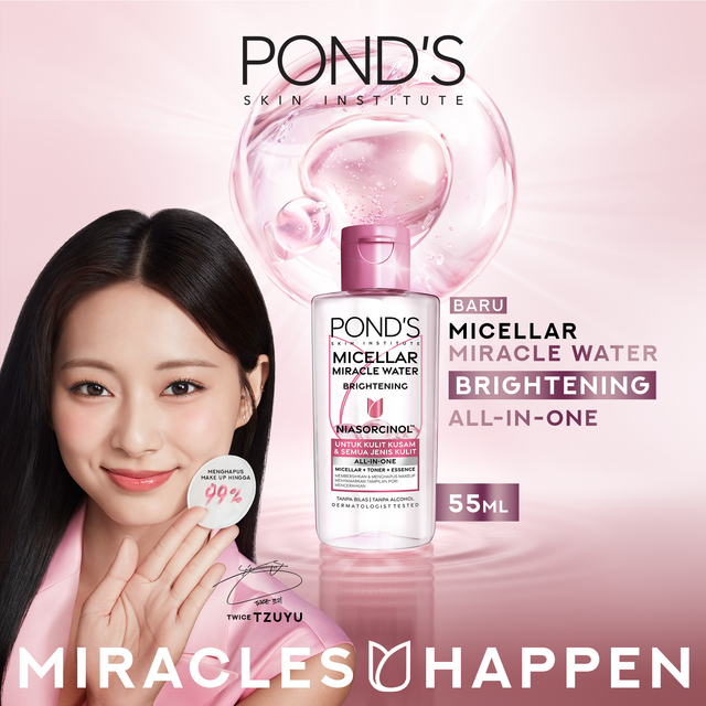 POND's Micellar Miracle Water Brightening 55ML - Menghapus makeup hingga 99% hanya dalam 1x usap