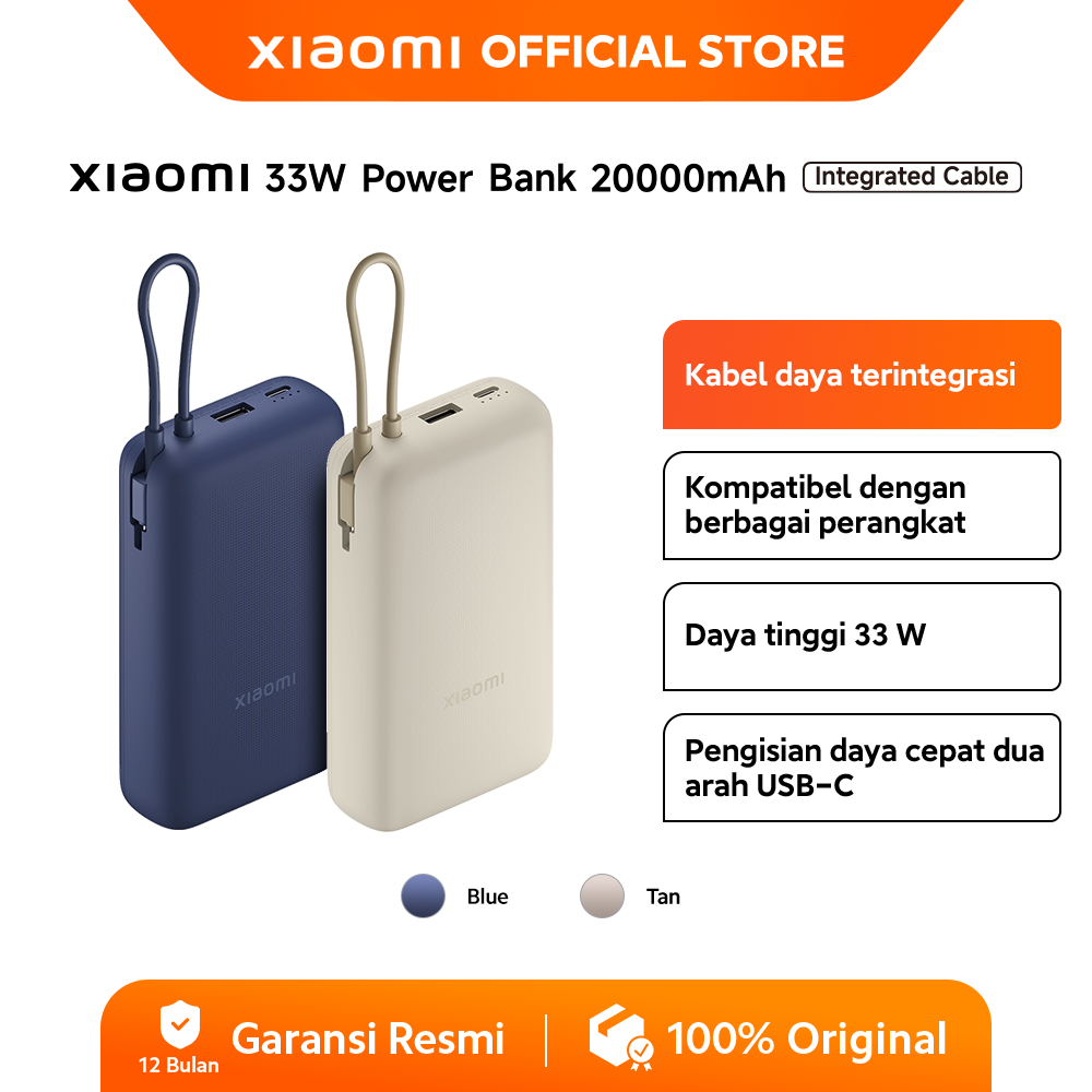 Xiaomi 33W Power Bank 20.000 mAh | Kabel daya terintegrasi | Daya tinggi 33 W | Pengisian daya cepat