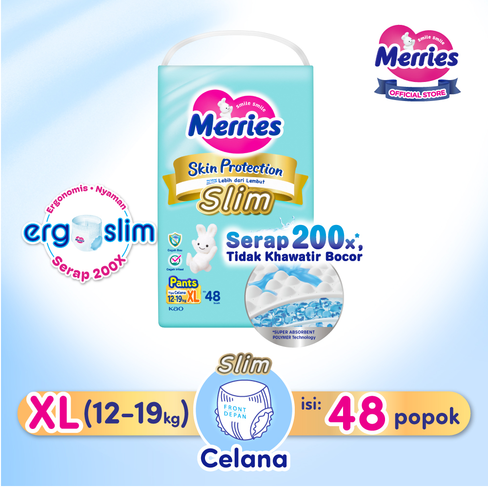 Merries Skin Protection Slim Pants Popok Bayi Diapers Ergoslim XL (12-19kg) Pads / Isi 48