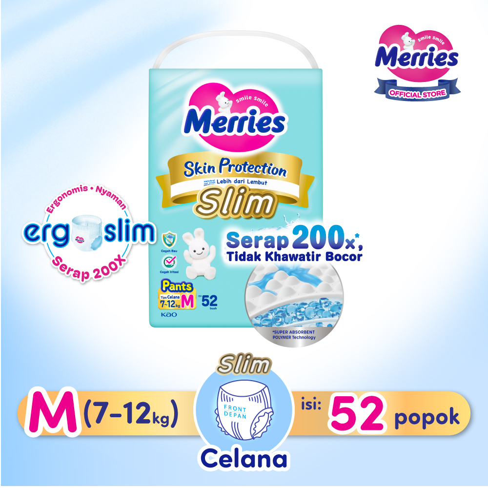Merries Skin Protection Slim Pants Popok Bayi Diapers Ergoslim M (7-12kg) Pads / Isi 52