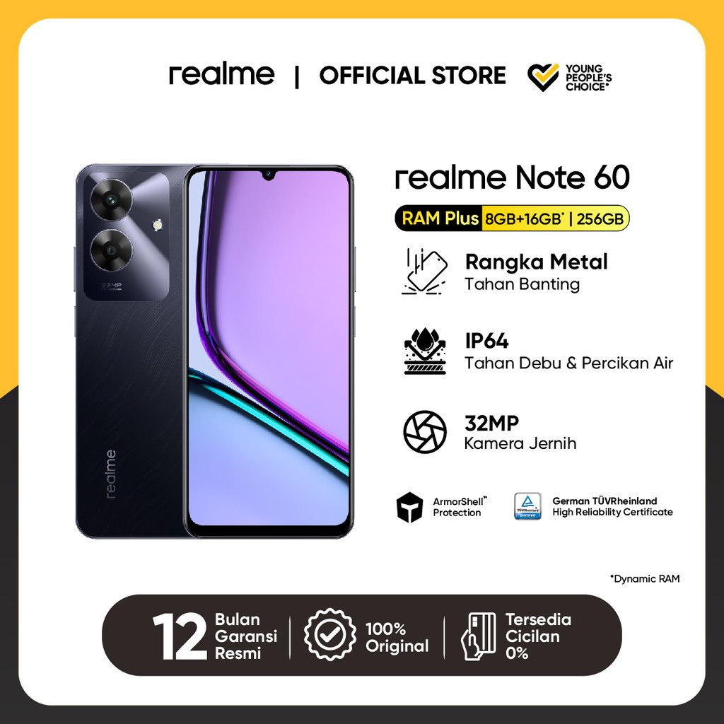 realme Note 60 8GB+16GB*|256GB (ArmorShell™ Protection | TÜV Rheinland | 32MP Camera| 48-month Fluency | IP64 Dust & Water Resistance)-Marble Black
