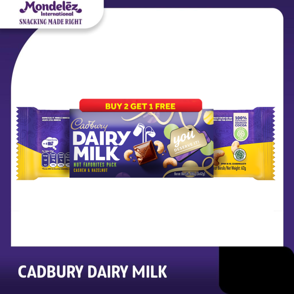 

[Buy 2 Get 1] Cadbury Dairy Milk Cashew Nut 62gr - Cokelat Susu dengan Kacang Mede Renyah Coklat Camilan Creamy, Lezat, dan Berkualitas