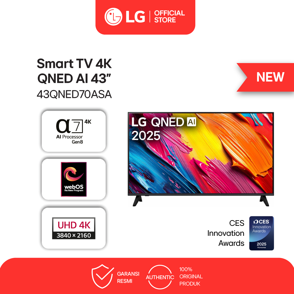 LG Smart TV 4K 43 inci QNED AI 70 2025 60Hz Native - HDR10 - AI Features Black 43QNED70ASA