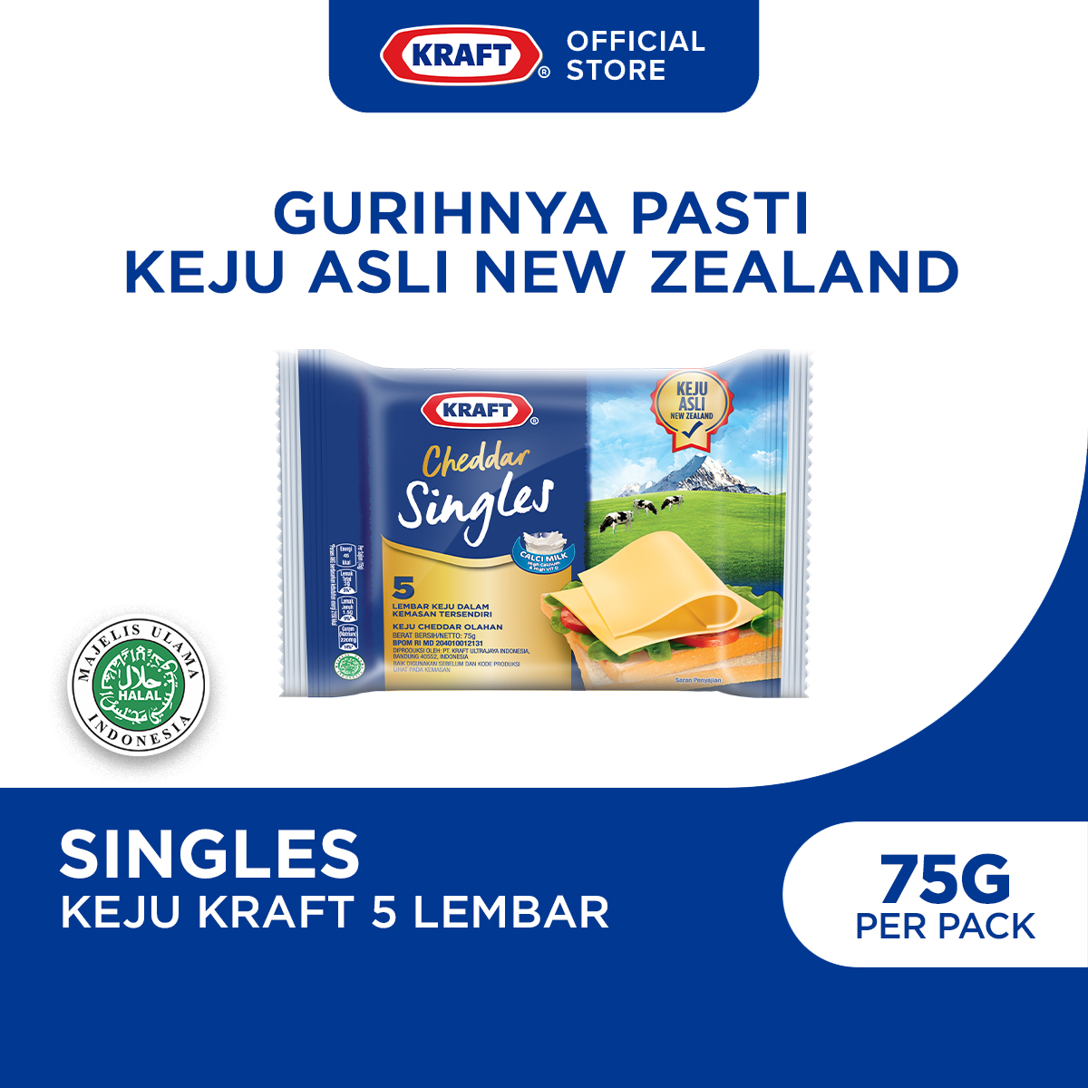Kraft Cheddar Singles 5 Lembar 75g, Keju Cheddar Olahan