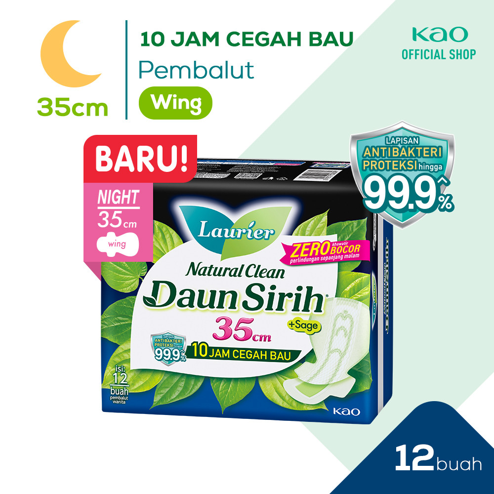 Laurier Natural Clean Pembalut Wanita Daun Sirih Anti Bakteri Night 35cm Wing - Bersih Alami Cegah B