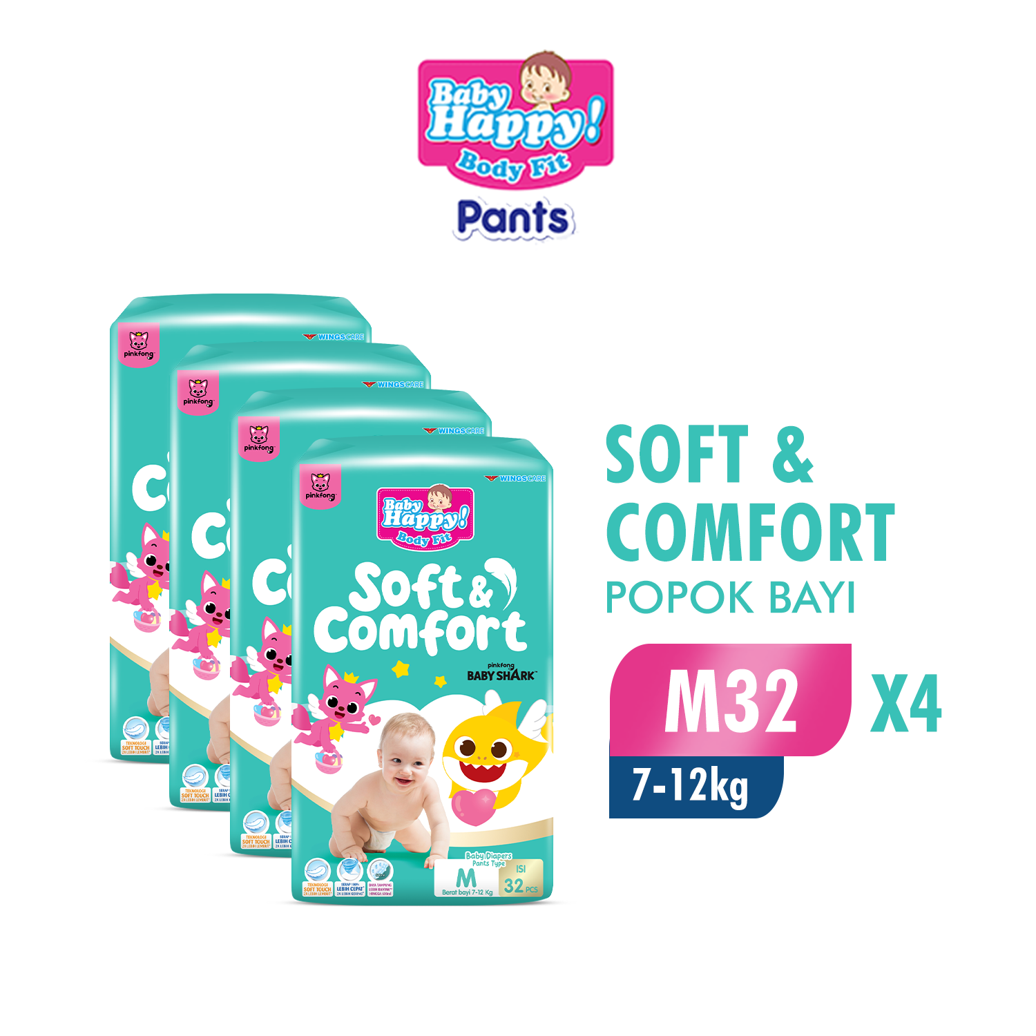 Baby Happy Pants Popok Celana Pinkfong Baby Shark M32 isi 4 (kardus)