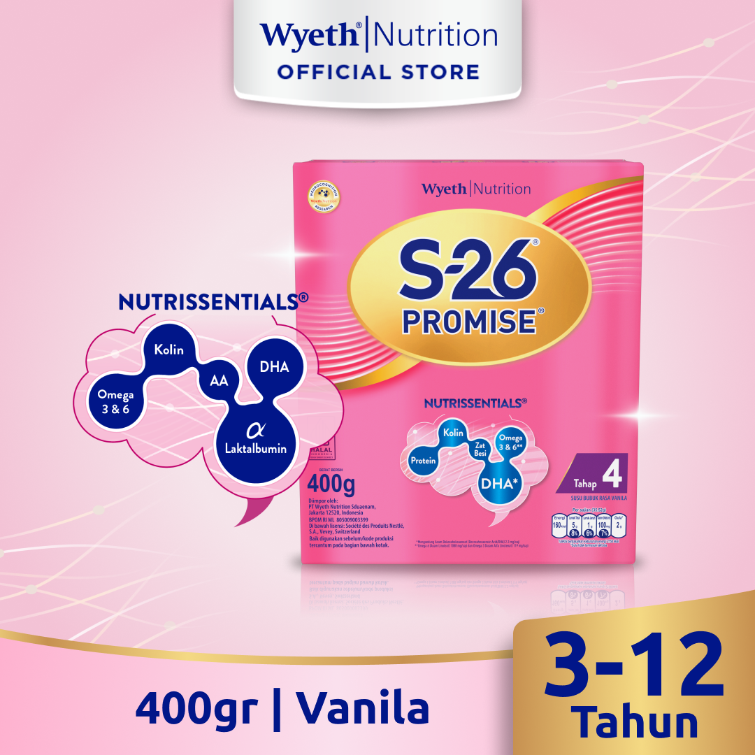 S-26 Promise Tahap 4 Vanila Susu Bubuk untuk Anak Usia 3-12 Tahun, Kotak 400 gr