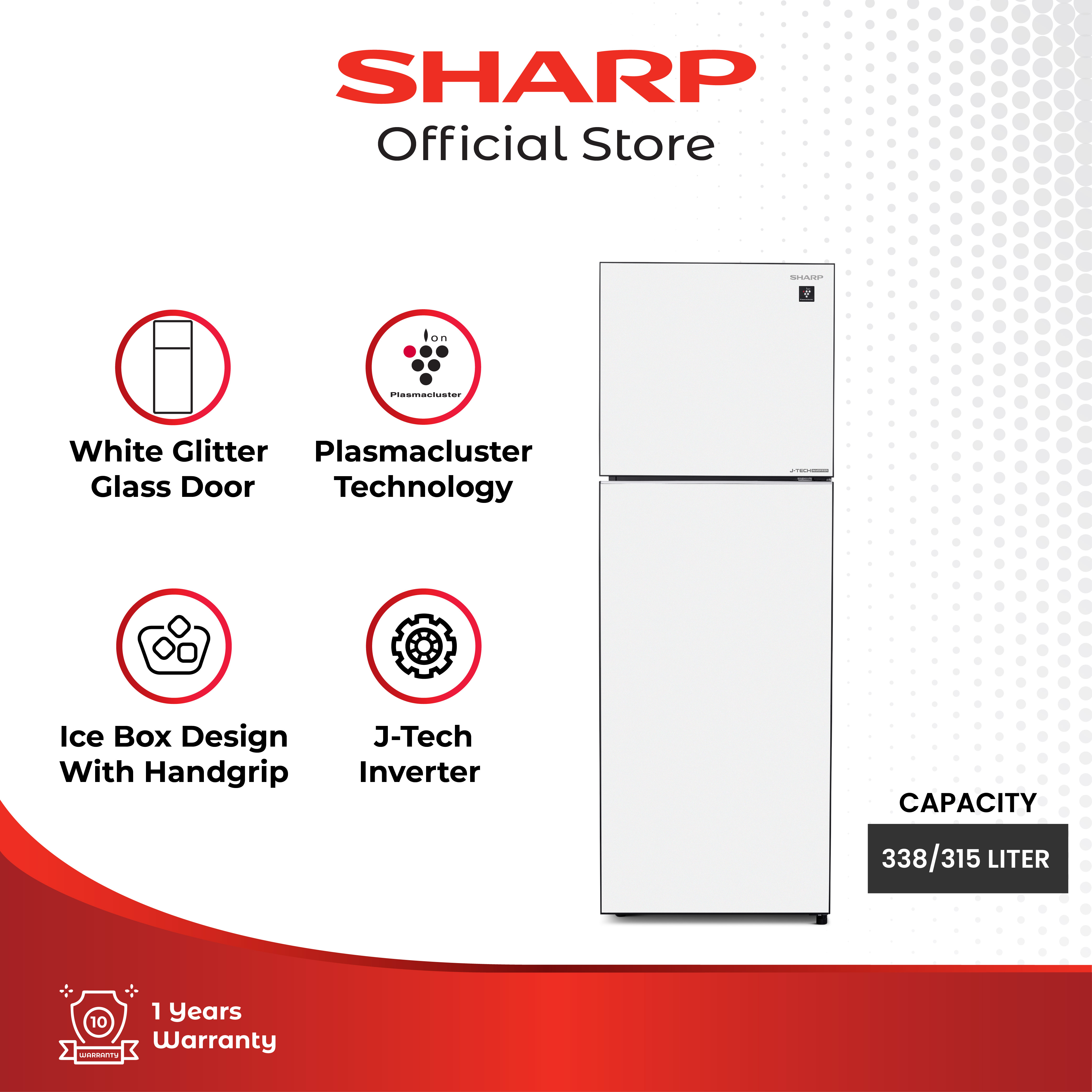 Sharp Kulkas 2 Pintu SHINE Glass Door J-Tech Inverter 338L - SJ-426GI-GW