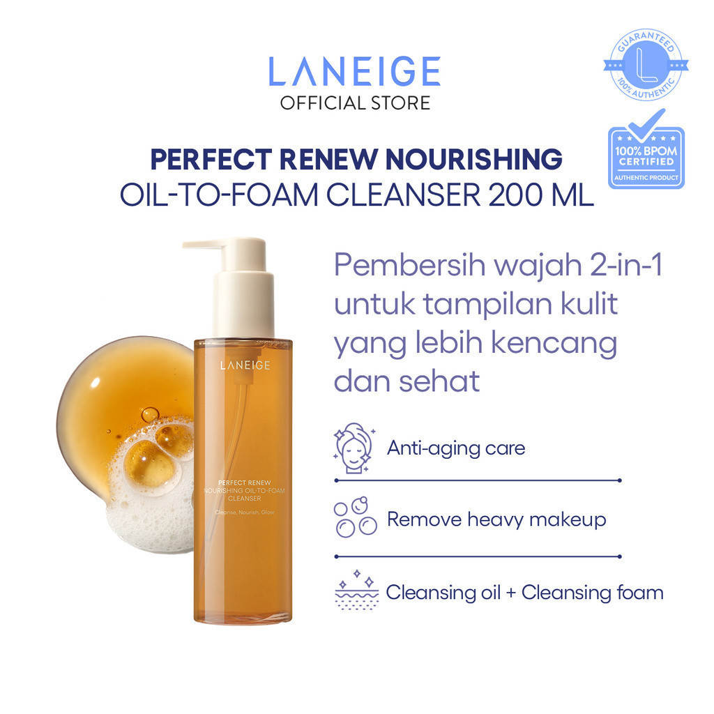 LANEIGE Perfect Renew Nourishing Oil-To-Foam Cleanser 200 mL - Pembersih Wajah Anti Aging, Melembapk