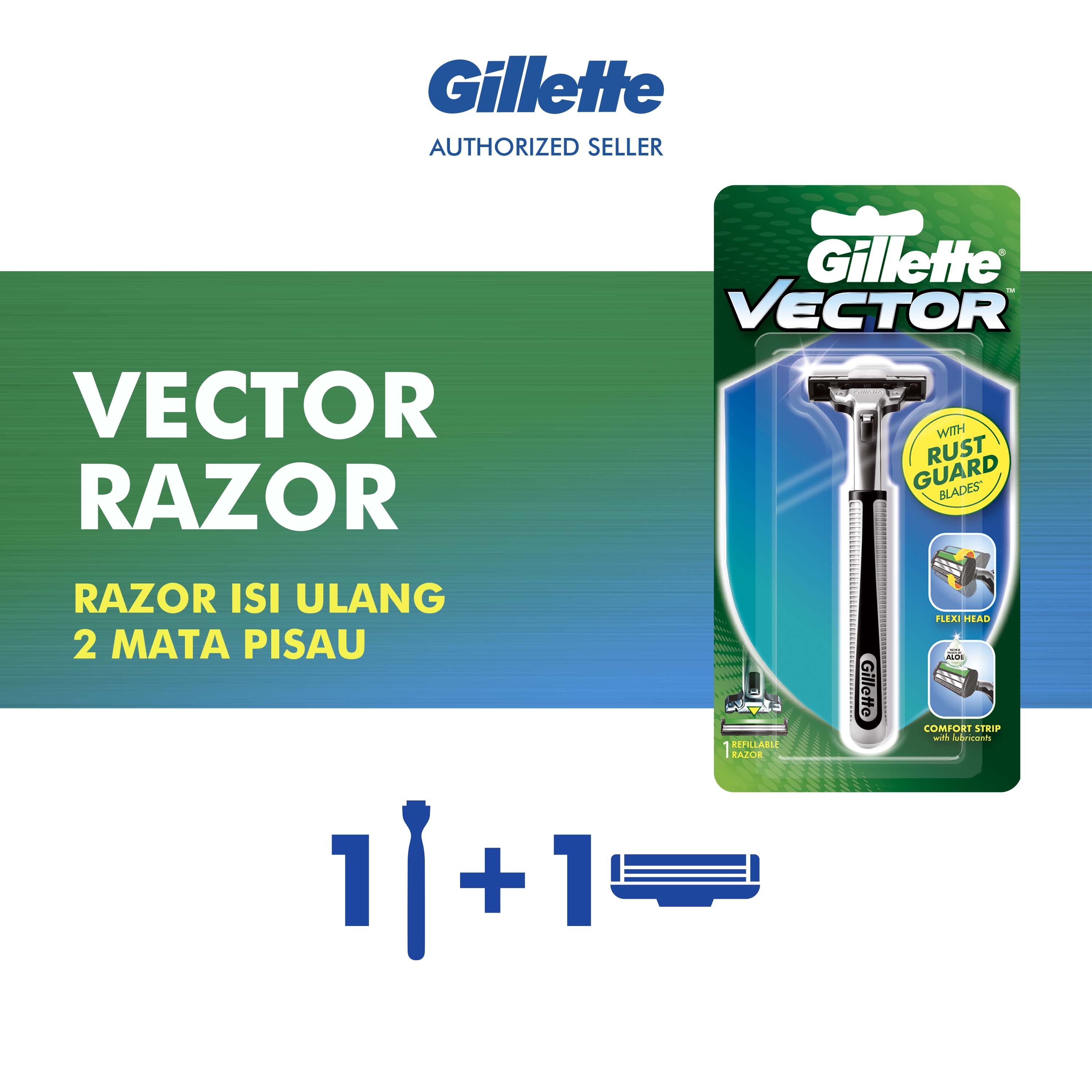 Gillette Vector Alat Cukur Pria Isi Ulang Pencukur Refillable Razor 2 Mata Pisau
