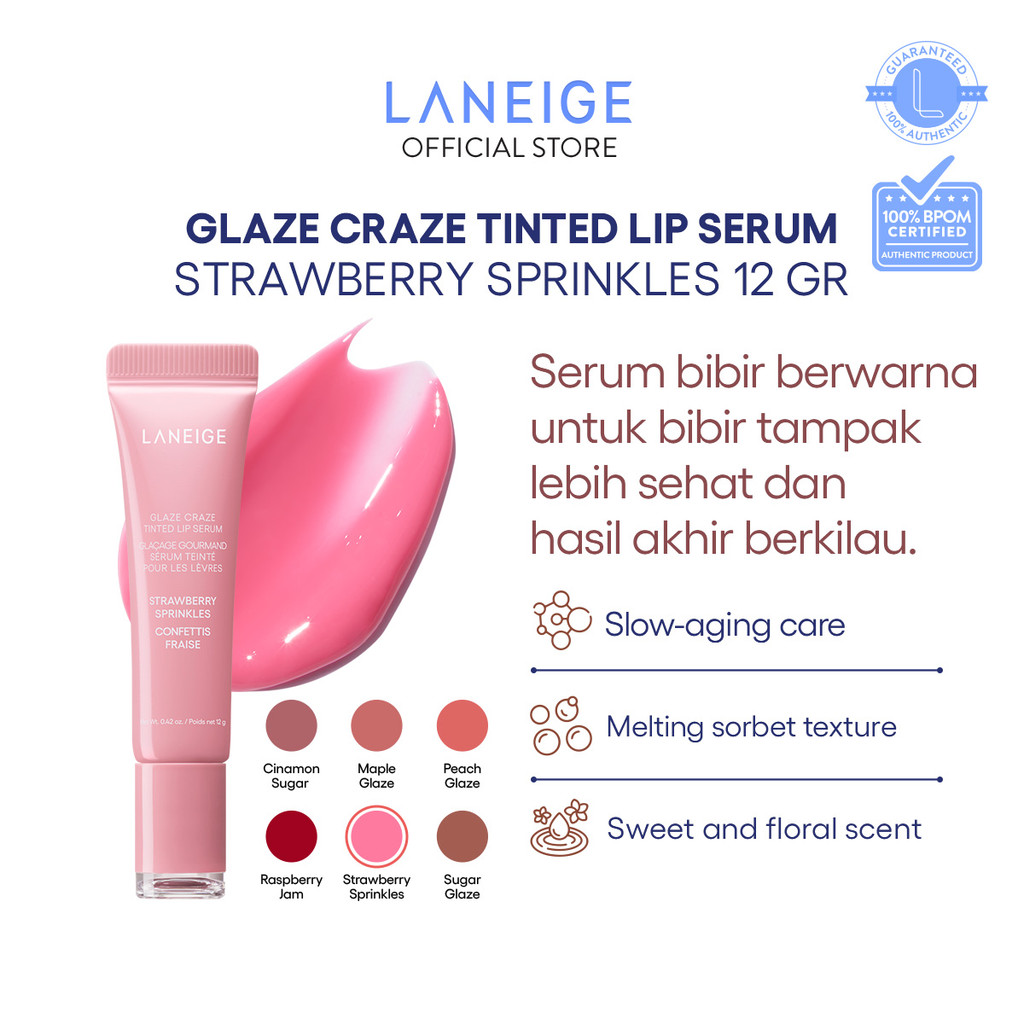LANEIGE Glaze Craze Tinted Lip Serum - Strawberry Sprinkles 12g - Lip Serum Berwarna, Glossy, Melemb