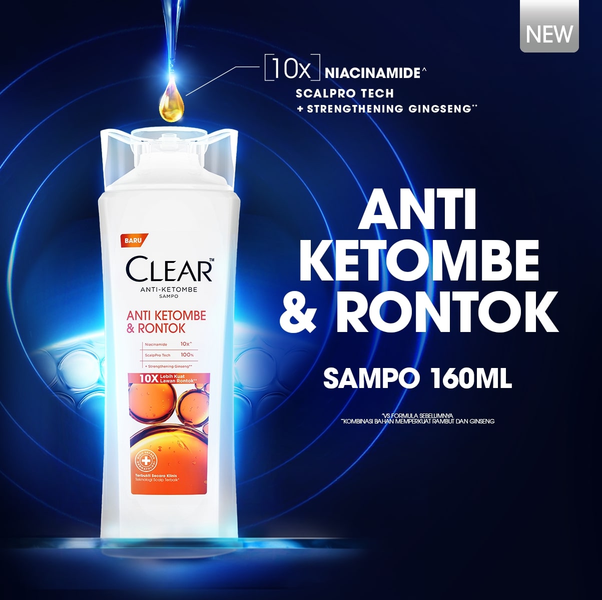 CLEAR Shampoo Anti Ketombe & Rambut Rontok, diperkaya dengan Ginseng 10x rambut lebih kuat lawan ron
