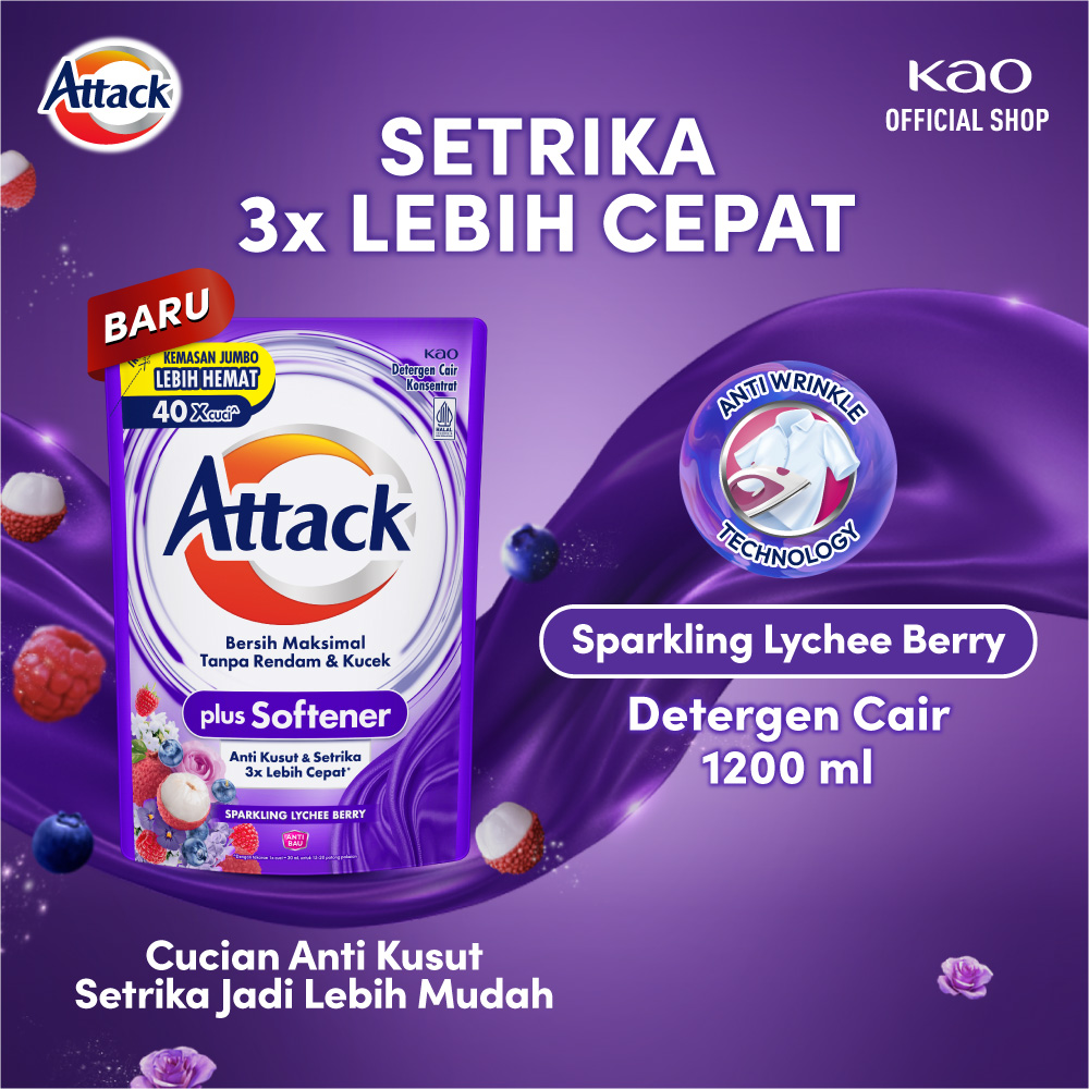 Attack Plus Softener Deterjen Cair Liquid Sparkling Lychee Berry Pouch 1200 ml