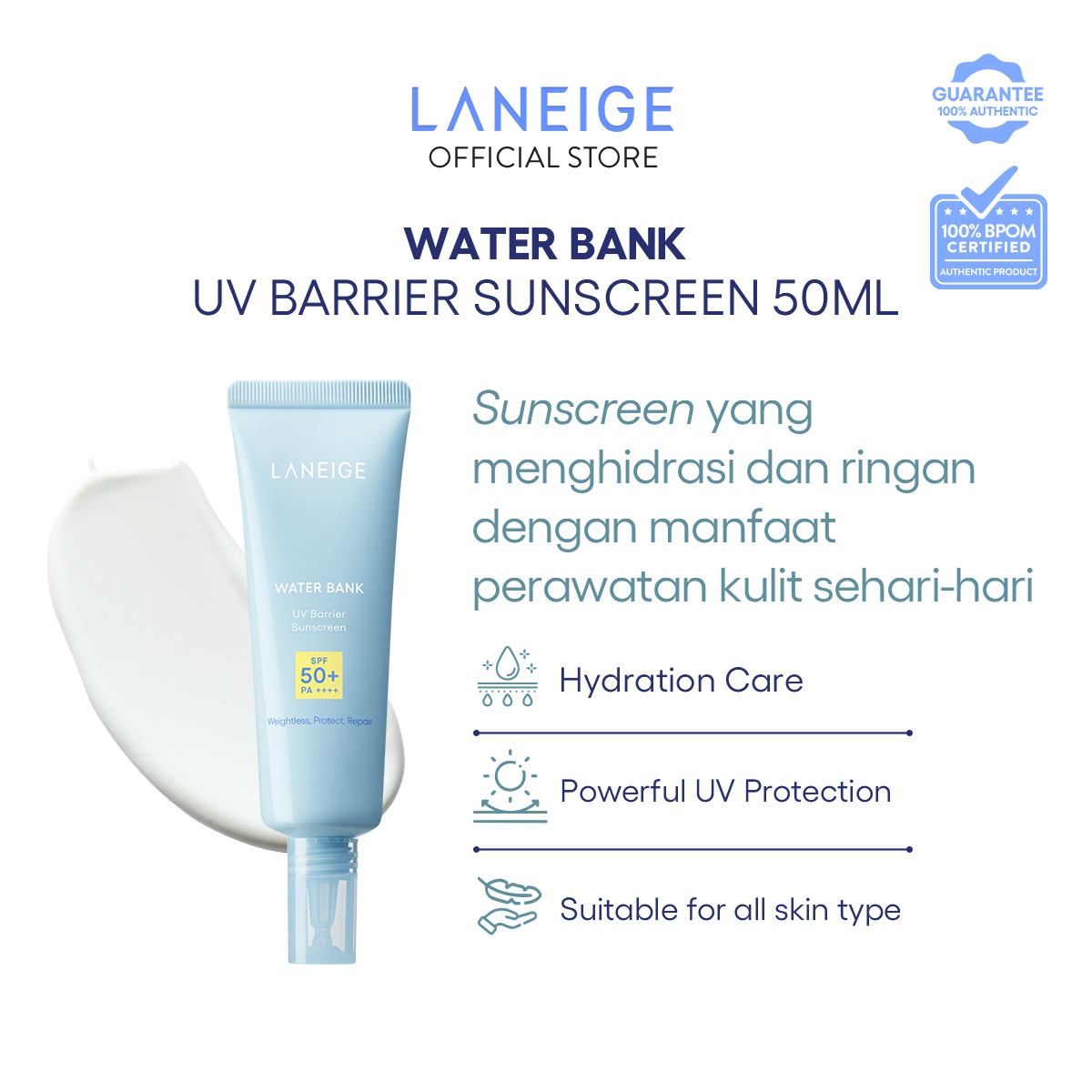 LANEIGE Water Bank UV Barrier Sunscreen 50 mL - Sunscreen Wajah, Sunblock, Pelembap SPF, Sun Protect