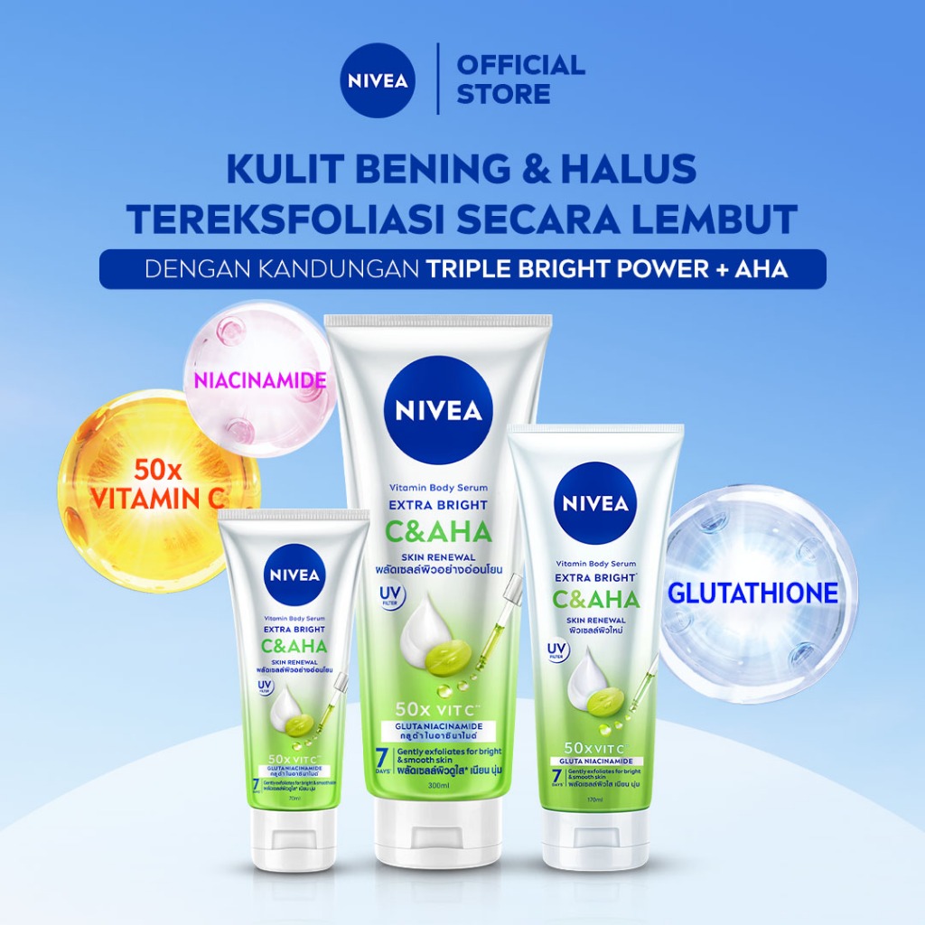 NIVEA Body Serum Extra Bright C&AHA Skin Renewal 70ml/170ml/300ml - Mengeksfoliasi sel kulit mati se