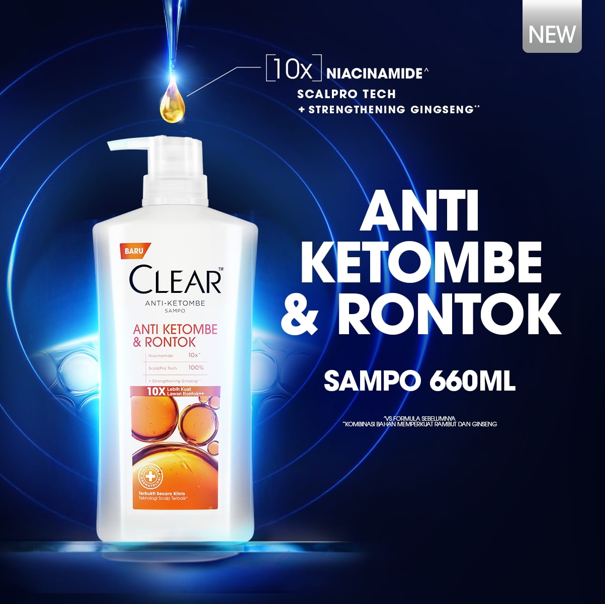 CLEAR Shampoo Anti Ketombe & Rambut Rontok, diperkaya dengan Ginseng 10x rambut lebih kuat lawan ron