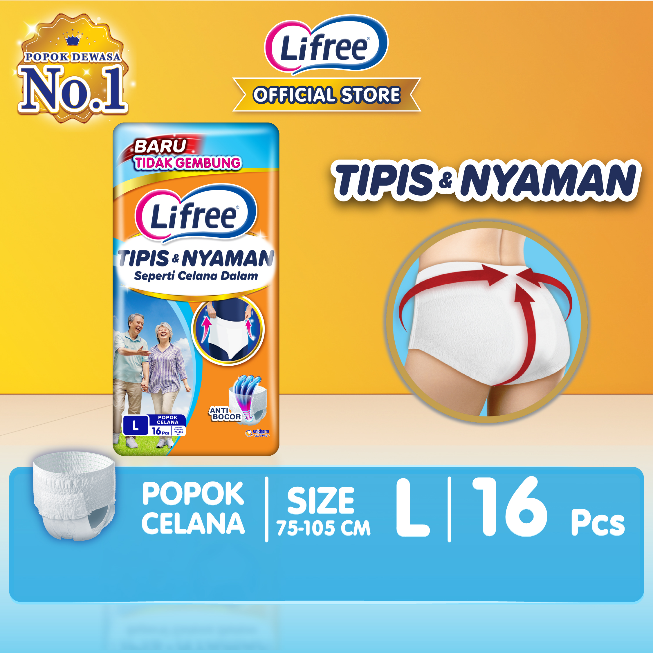 Lifree Popok Dewasa Celana Tipis & Nyaman Bergerak - L 16