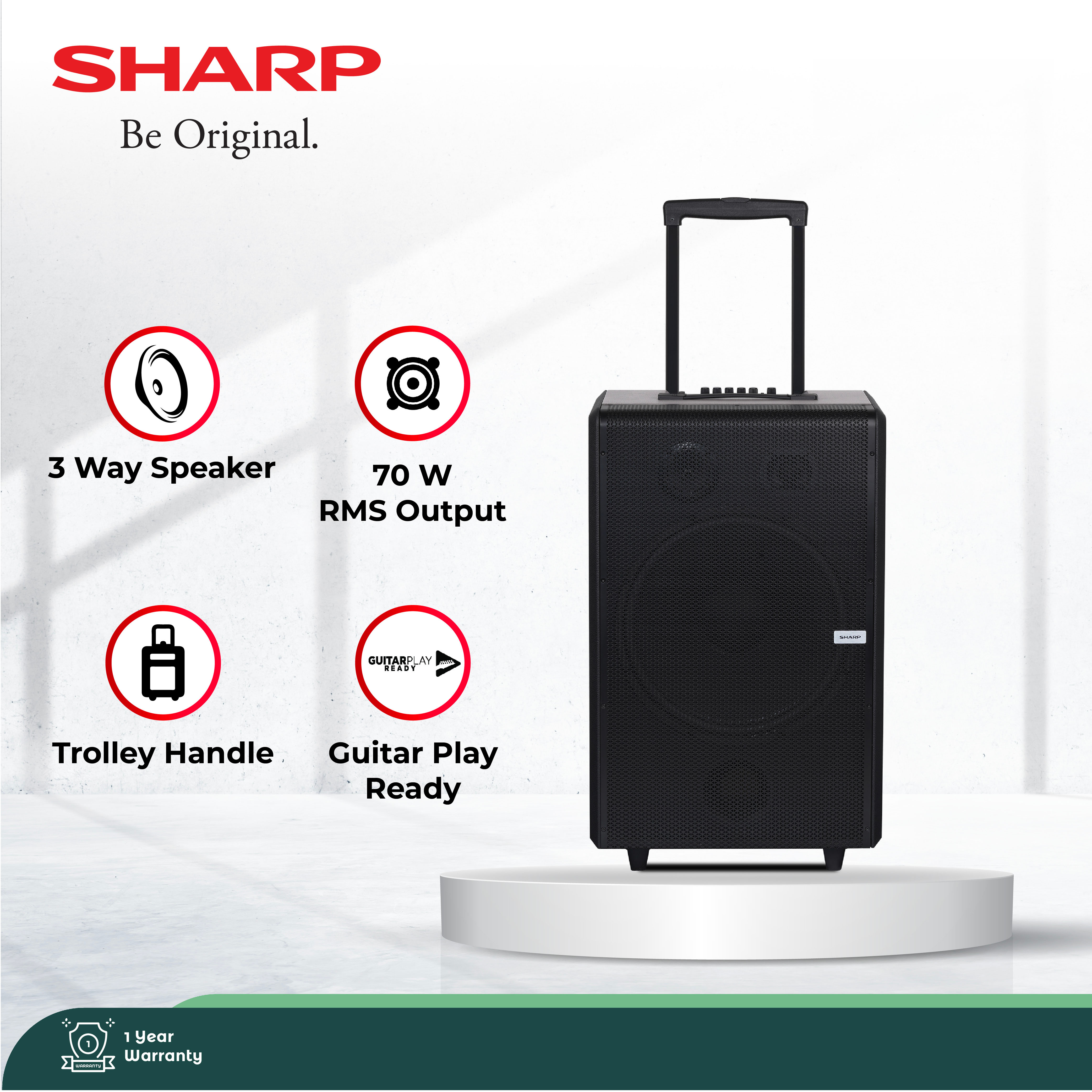 SHARP Portable Speaker with Handle CBOX-TRB15MBS | Speaker Bluetooth Portable 70W RMS | Trolley Kara
