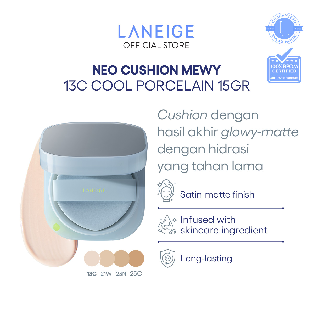 LANEIGE NEO Cushion Mewy 13C Cool Porcelain 15G - Matte and Dewy Finish, Flawless Base Makeup