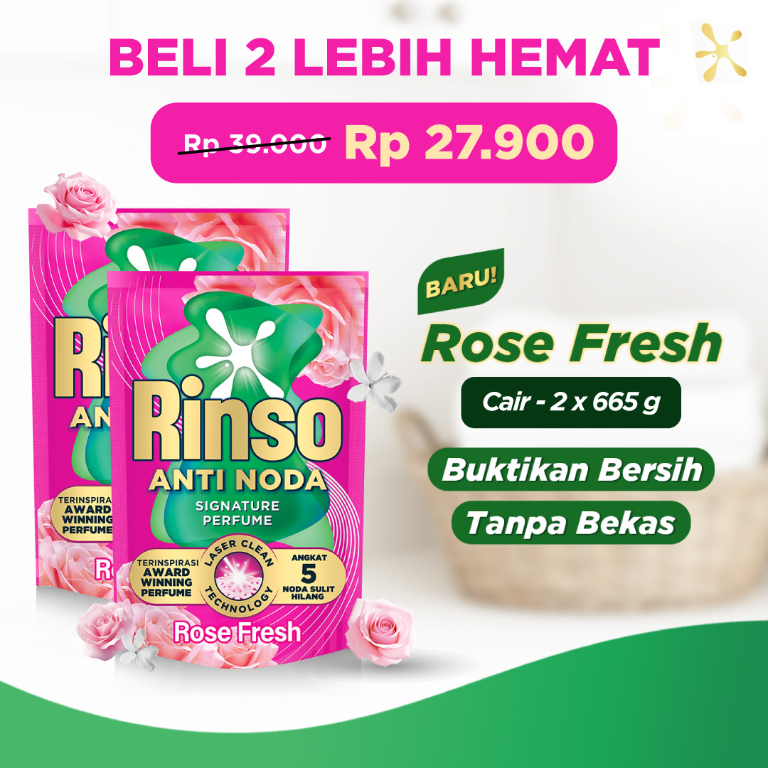 [BELI 2 LEBIH HEMAT] Rinso Baru Detergen Cair Varian Rose Fresh 665g - Isi 2