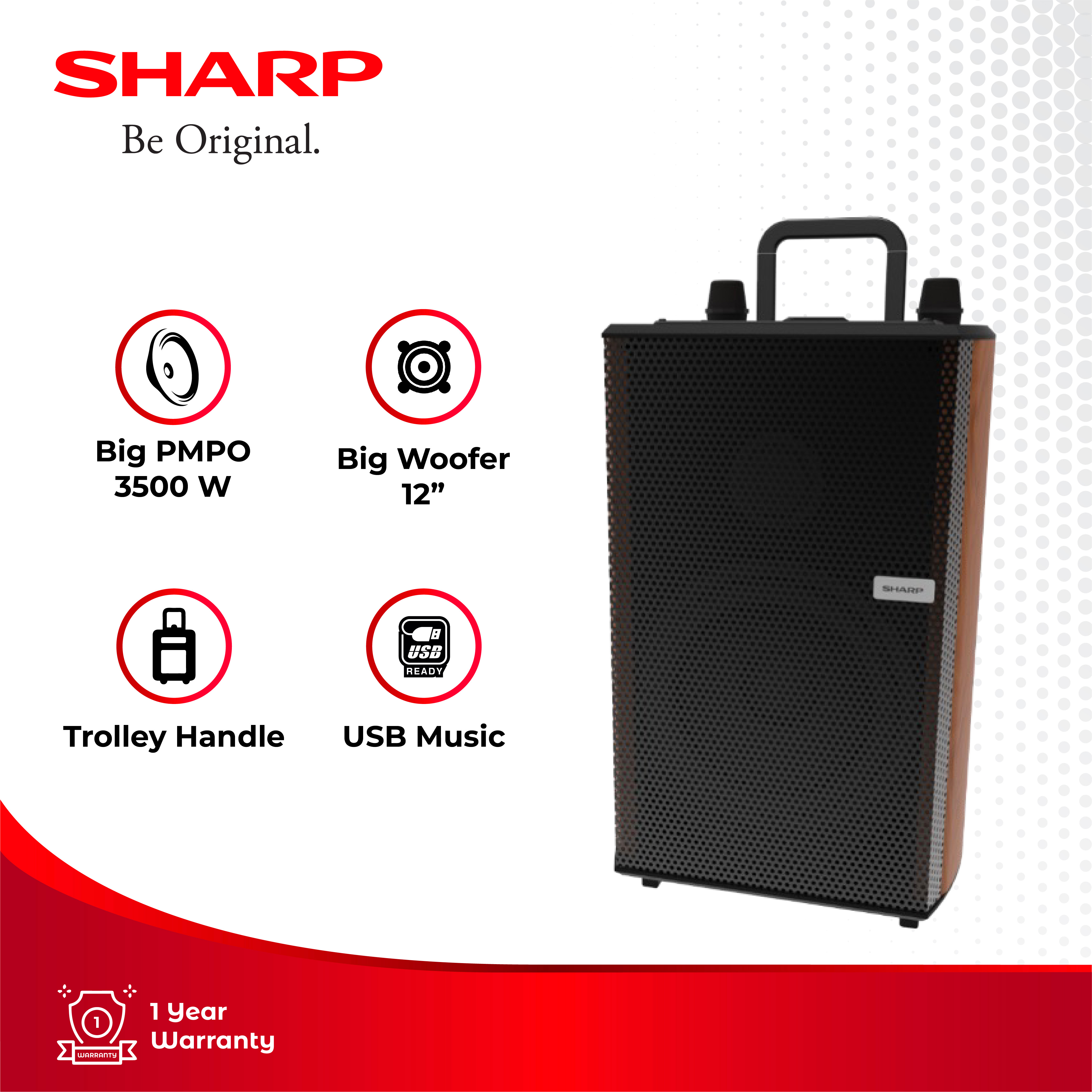 SHARP Portable Speaker with Handle CBOX-TRB12MBO | 3500W PMPO | 12" Big Woofer | Built-in Battery | 