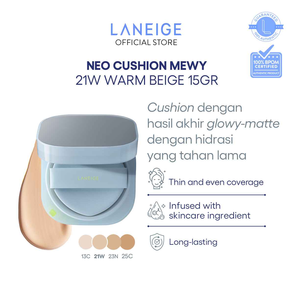 LANEIGE NEO Cushion Mewy 21W Warm Beige 15G - Matte and Dewy Finish, Flawless Base Makeup