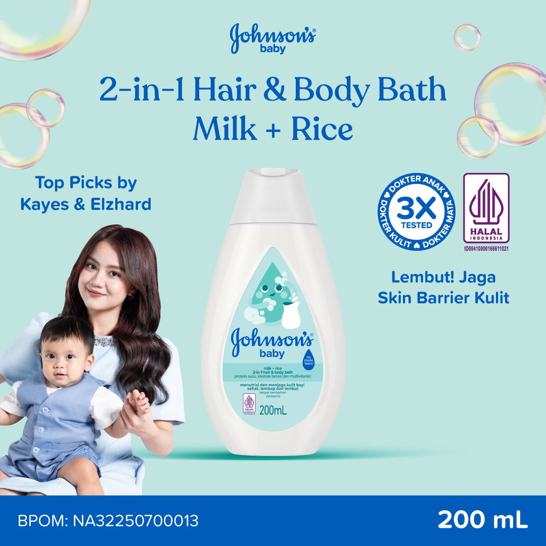 JOHNSON'S BABY Milk + Rice Hair & Body Bath 200ml - Sabun Bayi 2in1, lembut, jaga skin barrier kulit