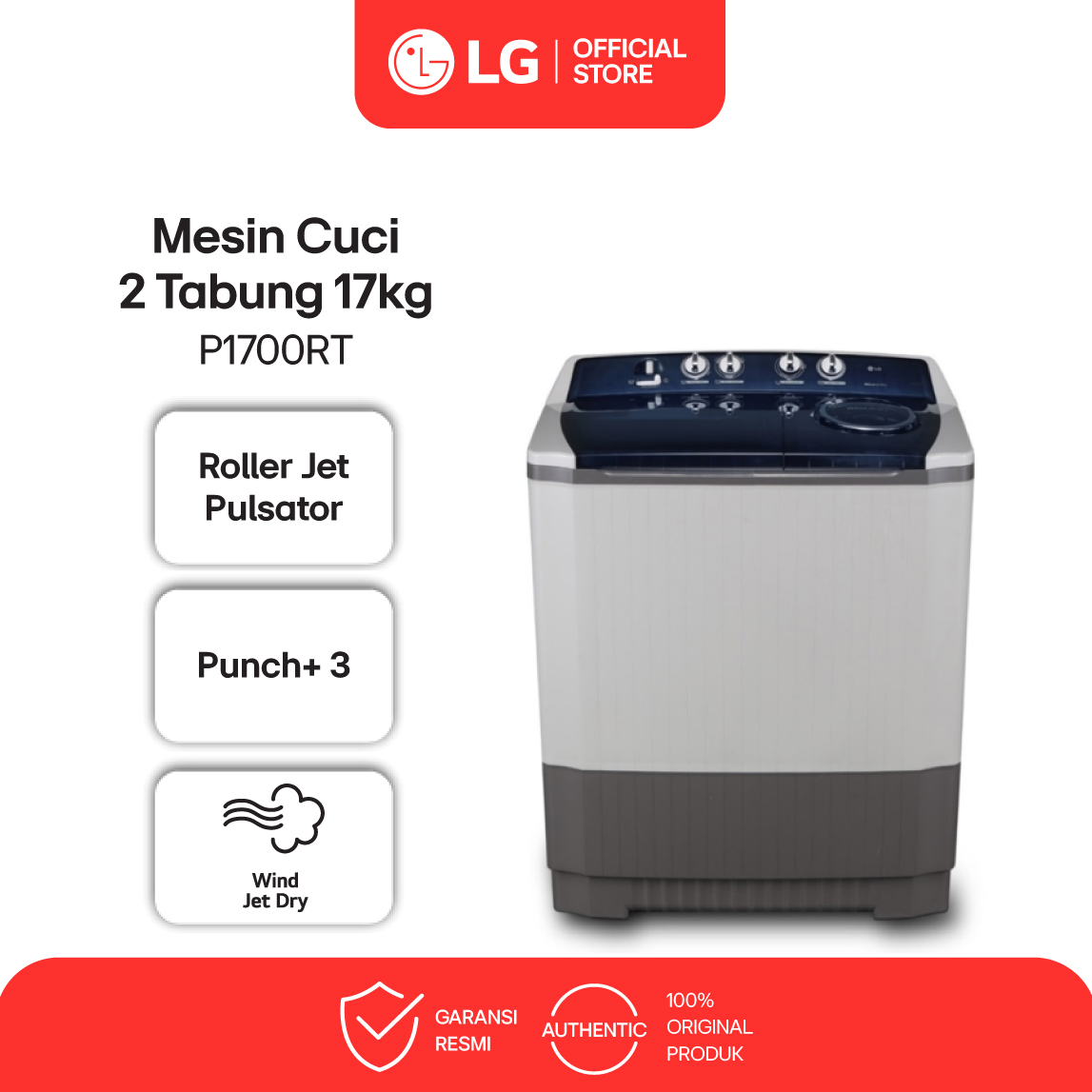 LG Mesin Cuci 2 Tabung / Twin Tub 17Kg Punch +3 - Roller Jet Pulsator - 3 Program Pencucian - Wind J