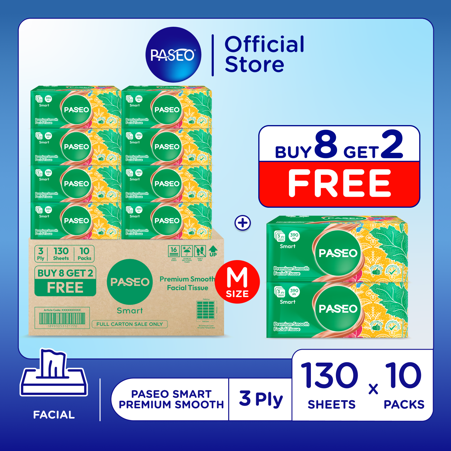 BUY 8 GET 2 Free Paseo Smart Premium Facial Tissue 390 ply | Tisu Wajah 3 Helai 130's Tissu