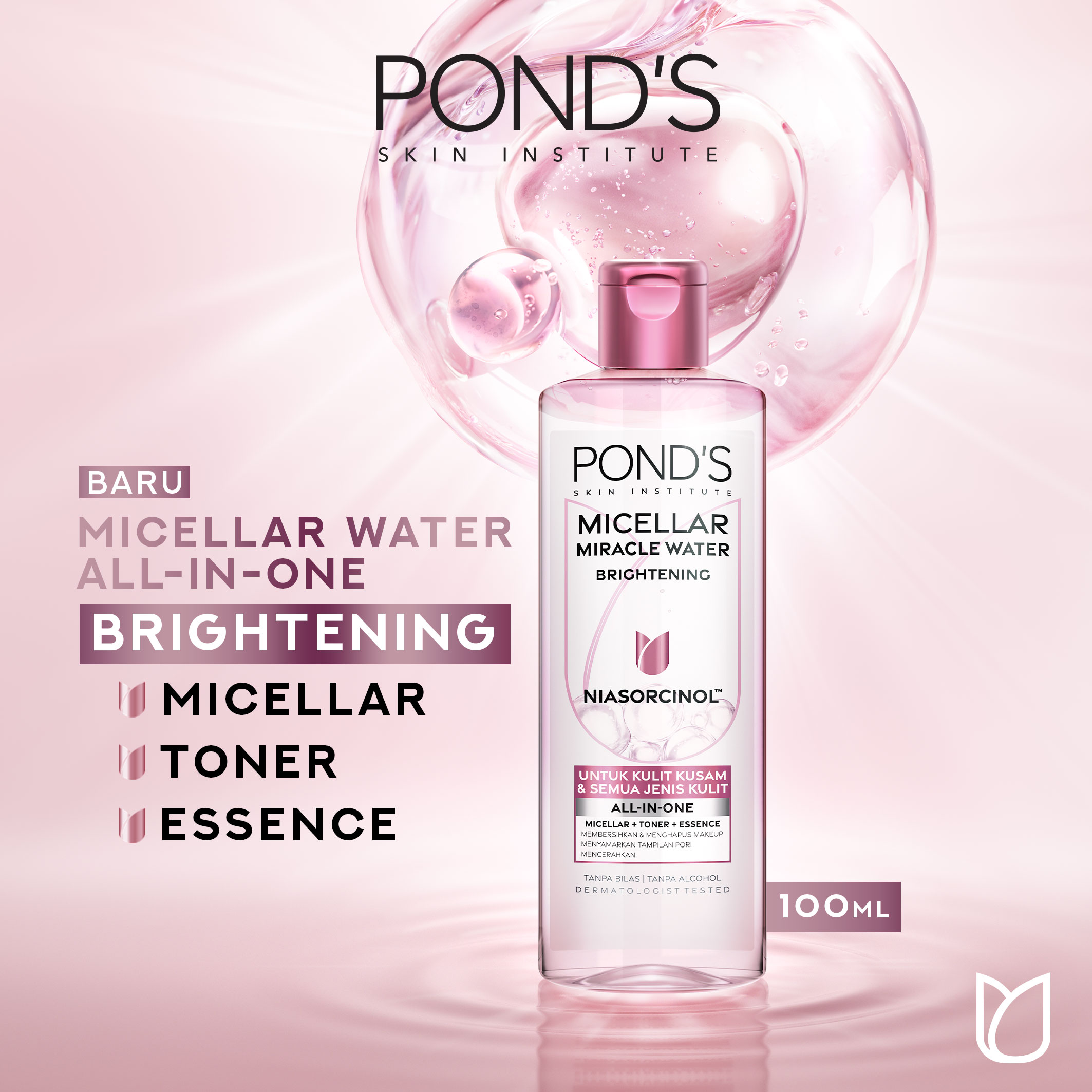 POND's Micellar Miracle Water Brightening 100ML - Menghapus makeup hingga 99% hanya dalam 1x usap