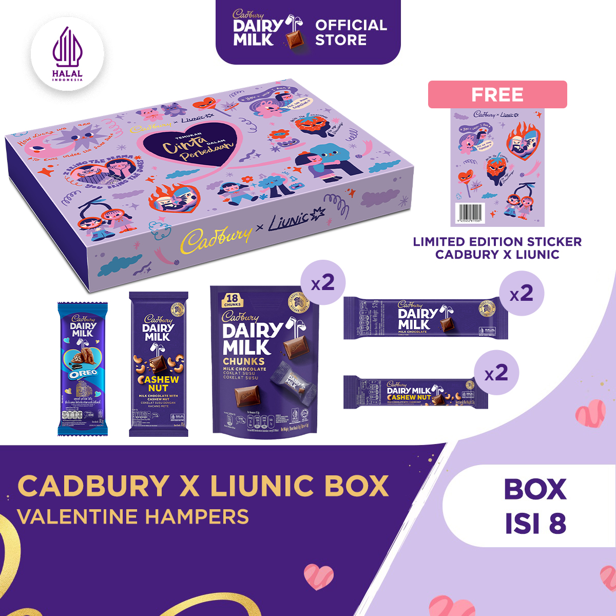 Hampers Box Cadbury x Liunic - Isi 8 pack Cokelat Cadbury Dairy Milk, GRATIS 1 Sticker | Valentine D
