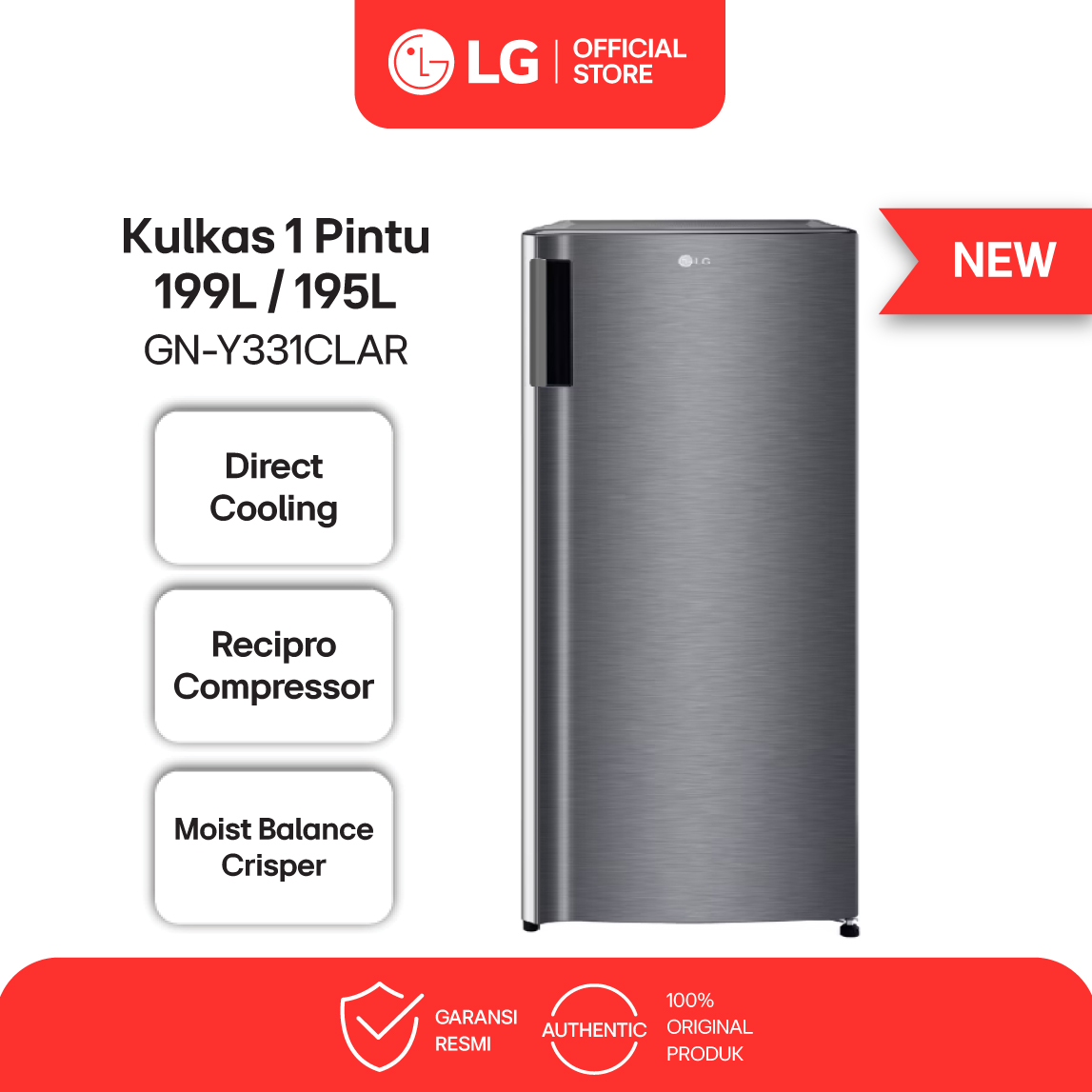 LG Kulkas 1 Pintu 195L / 199L Moist Balance Crisper - Direct Cooling - Rak Kaca Tempered Glass - GN-