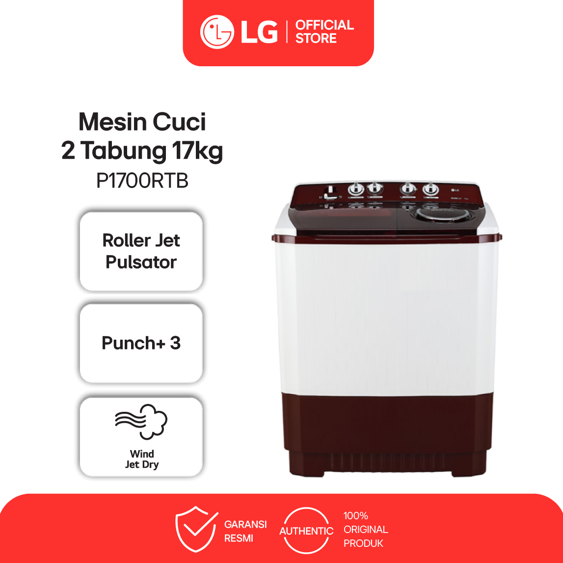 LG Mesin Cuci 2 Tabung / Twin Tub 17Kg Punch +3 - Roller Jet Pulsator - 3 Program Pencucian - Wind J