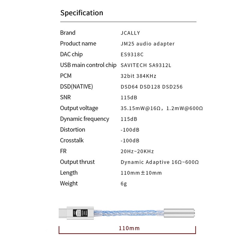 Jcally JM25 Type-C to 3.5mm ES9318C 8core DAC Digital Audio Portable Decoding Amp Hifi DAC Adaptor Handphone DSD256