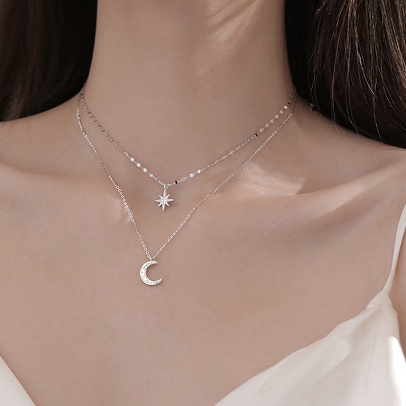 Fashion Sederhana Double Layer Bintang Bulan Pesona Kalung Indah Zirkon Rantai Klavikula Untuk Aksesoris Perhiasan Wanita