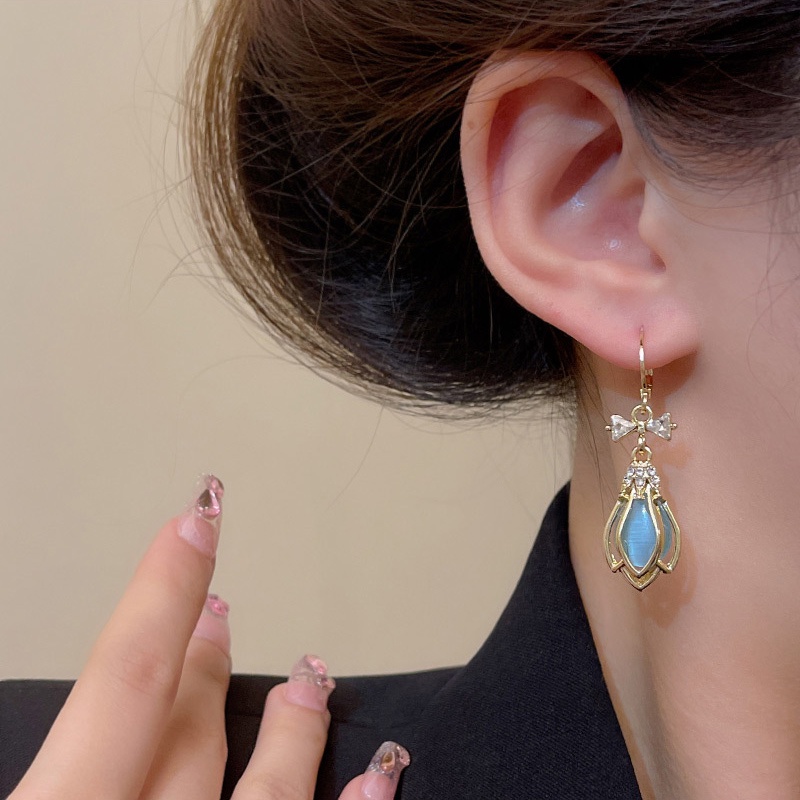 Gaya Baru925 Perak Jarum Biru Opal Anting Fashion Wanita Tulip Earrings
