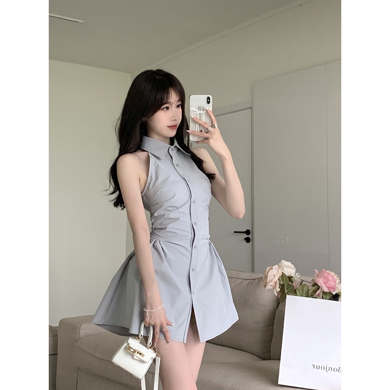 Red Keinginan murni angin rok pendek perempuan hot gadis menggantung gaun leher strapless kemeja rok musim panas pinggang kecil polo kerah rok