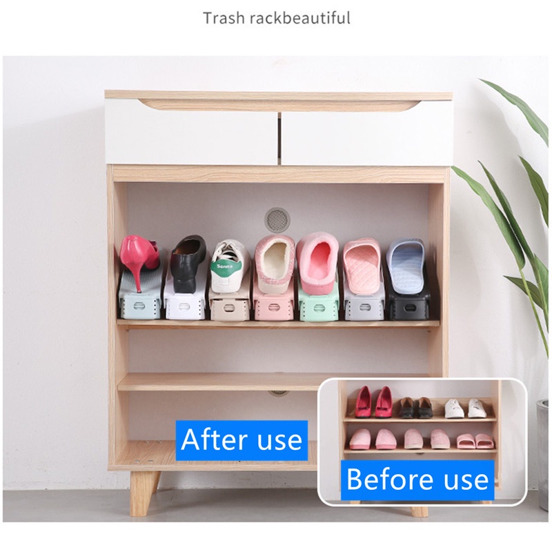 ღ Double Layer Adjustable Rak Sepatu Sepatu Stacker Sepatu Slot Ruang Savers Sepatu Rak Pemegang Kamar Tidur Plastik Disesuaikan Penyimpanan organizer