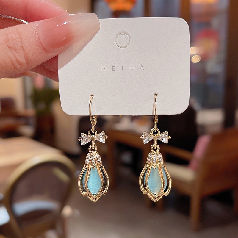 Gaya Baru925 Perak Jarum Biru Opal Anting Fashion Wanita Tulip Earrings