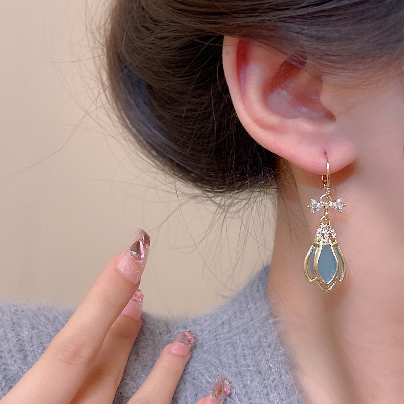 Gaya Baru925 Perak Jarum Biru Opal Anting Fashion Wanita Tulip Earrings